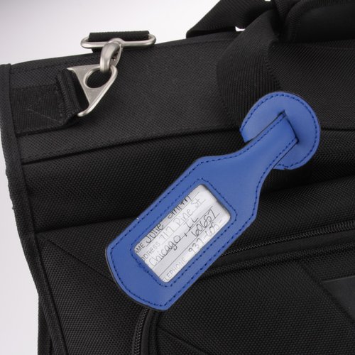 Additional Image 1 - a blue luggage tag on a black bag