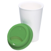 a white cup with a green lid