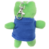 a green stuffed animal with a blue shirt