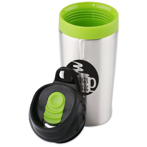 Additional Image 1 - a silver and green cup with a black lid