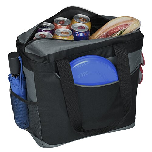 Additional Image 3 - a red and black tote bag with a blue plate inside