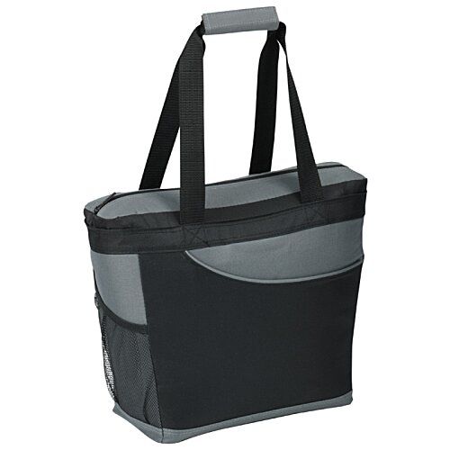 Additional Image 1 - a red and black tote bag with a blue plate in it