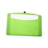 a green folder with a black button
