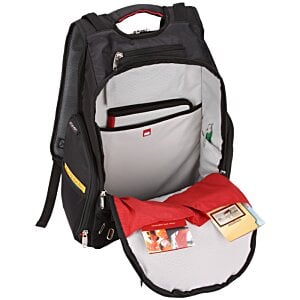 Additional Image 2 - a black backpack with a red and white bag inside
