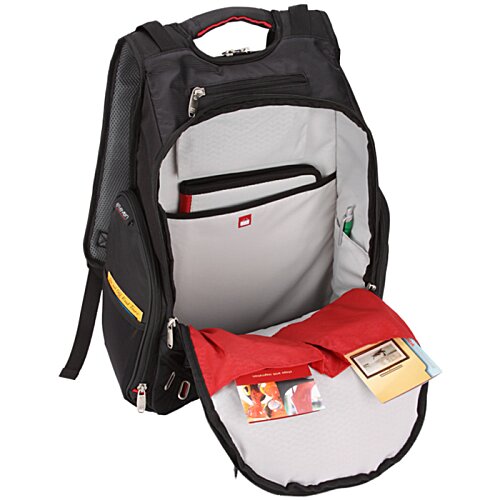 Additional Image 2 - a black backpack with a red and white bag inside