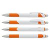 a group of pens with orange caps