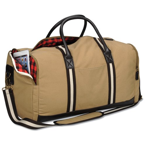 Additional Image 2 - a tan duffel bag with black handles