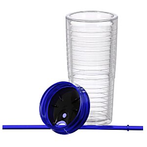 Additional Image 2 - a clear plastic cup with a blue lid and a blue straw