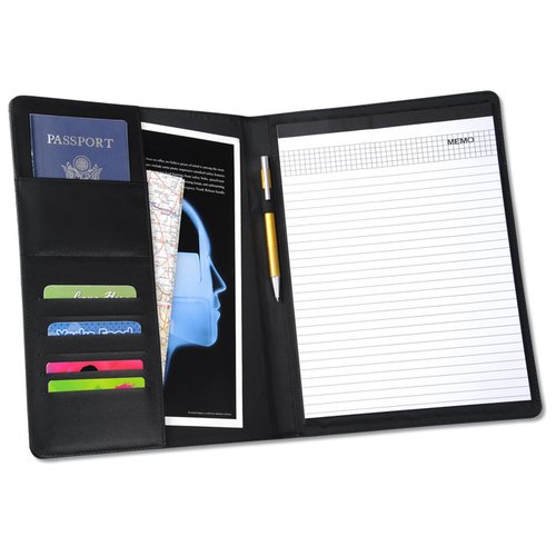 Additional Image 1 - a black folder with a white paper and a blue bag