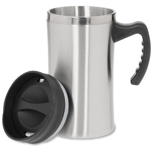 Additional Image 1 - a silver coffee mug with a black handle