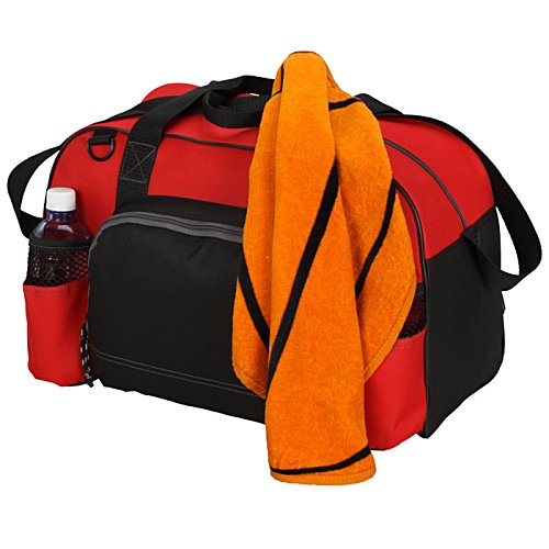 Additional Image 2 - a red and black duffel bag with a scarf on top