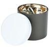 a black cylindrical container with a white circle