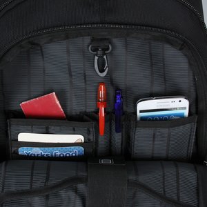 Additional Image 2 - a black backpack with a red pen and a red pen in it