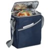 a blue cooler with a strap