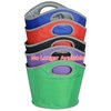 a stack of colorful buckets