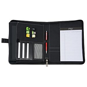 Additional Image 2 - a black leather case with a white paper and red buttons