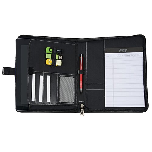 Additional Image 2 - a black leather case with a white paper and red buttons