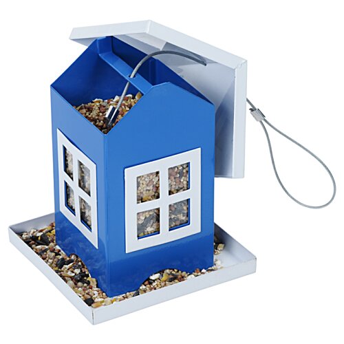 Additional Image 1 - a blue bird feeder with a white roof