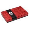 a red box with black ribbon