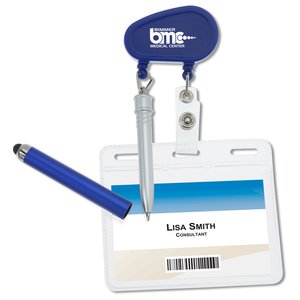 Additional Image 5 - a white and blue badge with blue text