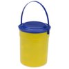 a yellow bucket with blue handle