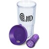 a plastic cup with a purple lid