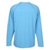 a blue long sleeved shirt