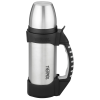 a silver thermos with black handle