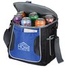 a blue and black cooler bag with several cans inside
