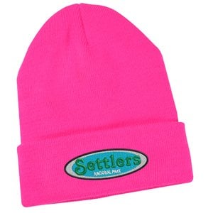 Additional Image 1 - a pink beanie with a green logo