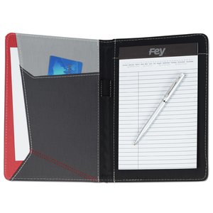 Additional Image 1 - a black and red folder with a white paper and a blue card