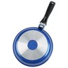 a blue and silver frying pan