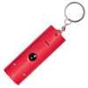 a red key chain with a black button