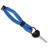 a blue lanyard with a black round object