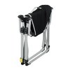a black saddle on a metal frame