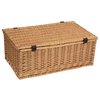a brown wicker basket with black handles