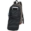 a black backpack with a phone in the back