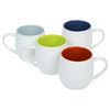 a group of white mugs with different colored cups