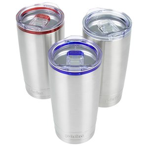 a group of silver and blue cups