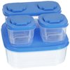 a plastic container with blue lids