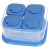 a blue and clear container with four round holes