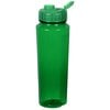 a green plastic water bottle with a straw