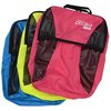 a stack of colorful backpacks