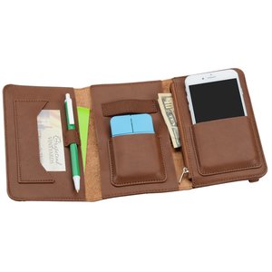 Additional Image 3 - a brown leather organizer with a pen and a phone