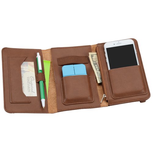 Additional Image 3 - a brown leather organizer with a pen and a phone