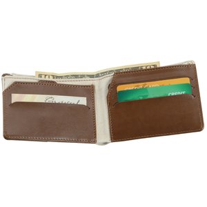 Additional Image 3 - a brown wallet with a green and yellow label