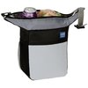 a black and white trash can