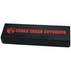 a black rectangular object with red text