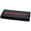 a black rectangular object with red text