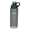 a grey water bottle with a green lid